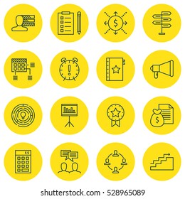 Set Of 16 Project Management Icons. Can Be Used For Web, Mobile, UI And Infographic Design. Includes Elements Such As Personal Skills, Collaboration, Present Badge And More.