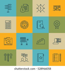 Set Of 16 Project Management Icons. Can Be Used For Web, Mobile, UI And Infographic Design. Includes Elements Such As Analysis, Present Badge, Reminder And More.