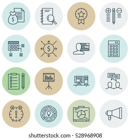 Set Of 16 Project Management Icons. Can Be Used For Web, Mobile, UI And Infographic Design. Includes Elements Such As Analysis, Discussion, Decision Making And More.