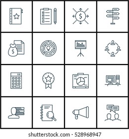 Set Of 16 Project Management Icons. Can Be Used For Web, Mobile, UI And Infographic Design. Includes Elements Such As Report, Innovation, Collaboration And More.