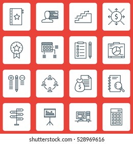 Set Of 16 Project Management Icons. Can Be Used For Web, Mobile, UI And Infographic Design. Includes Elements Such As Analysis, Presentation, Growth And More.