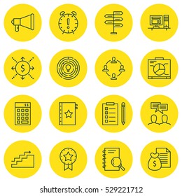 Set Of 16 Project Management Icons. Can Be Used For Web, Mobile, UI And Infographic Design. Includes Elements Such As Report, Discussion, Growth And More.