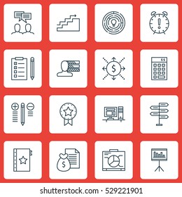 Set Of 16 Project Management Icons. Can Be Used For Web, Mobile, UI And Infographic Design. Includes Elements Such As Investment, Reminder, Money And More.