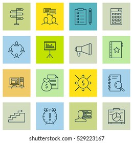 Set Of 16 Project Management Icons. Can Be Used For Web, Mobile, UI And Infographic Design. Includes Elements Such As Collaboration, Presentation, Board And More.
