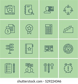 Set Of 16 Project Management Icons. Can Be Used For Web, Mobile, UI And Infographic Design. Includes Elements Such As Collaboration, Reminder, Discussion And More.