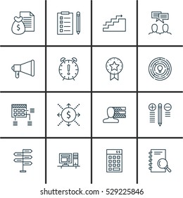 Set Of 16 Project Management Icons. Can Be Used For Web, Mobile, UI And Infographic Design. Includes Elements Such As Reminder, Opportunity, Announcement And More.