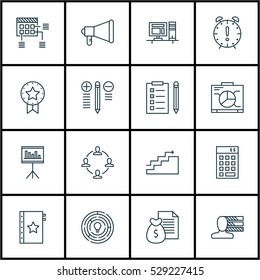 Set Of 16 Project Management Icons. Can Be Used For Web, Mobile, UI And Infographic Design. Includes Elements Such As Personal Skills, Time Management, Computer And More.