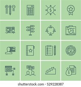 Set Of 16 Project Management Icons. Can Be Used For Web, Mobile, UI And Infographic Design. Includes Elements Such As Reminder, Investment, Decision Making And More.