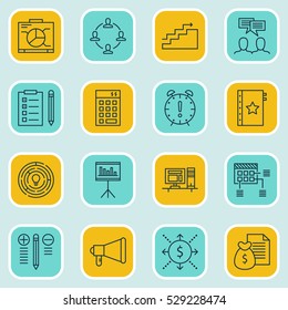 Set Of 16 Project Management Icons. Can Be Used For Web, Mobile, UI And Infographic Design. Includes Elements Such As Growth, Decision Making, Warranty And More.