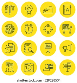 Set Of 16 Project Management Icons. Can Be Used For Web, Mobile, UI And Infographic Design. Includes Elements Such As Time Management, Personal Skills, Presentation And More.