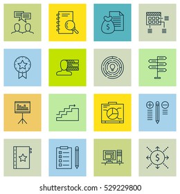 Set Of 16 Project Management Icons. Can Be Used For Web, Mobile, UI And Infographic Design. Includes Elements Such As Innovation, Money, Board And More.