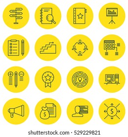 Set Of 16 Project Management Icons. Can Be Used For Web, Mobile, UI And Infographic Design. Includes Elements Such As Warranty, Reminder, Presentation And More.
