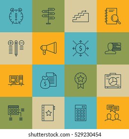 Set Of 16 Project Management Icons. Can Be Used For Web, Mobile, UI And Infographic Design. Includes Elements Such As Report, Decision Making, Present Badge And More.