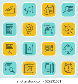 Set Of 16 Project Management Icons. Can Be Used For Web, Mobile, UI And Infographic Design. Includes Elements Such As Time Management, Growth, Present Badge And More.