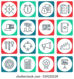 Set Of 16 Project Management Icons. Can Be Used For Web, Mobile, UI And Infographic Design. Includes Elements Such As Investment, Present Badge, Announcement And More.