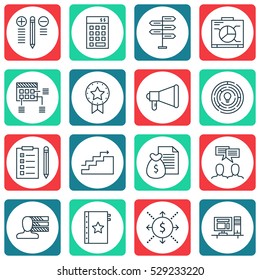 Set Of 16 Project Management Icons. Can Be Used For Web, Mobile, UI And Infographic Design. Includes Elements Such As Personal Skills, Decision Making, Money And More.
