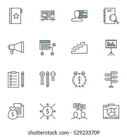 Set Of 16 Project Management Icons. Can Be Used For Web, Mobile, UI And Infographic Design. Includes Elements Such As Board, Discussion, Time Management And More.