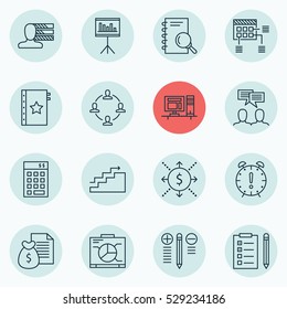 Set Of 16 Project Management Icons. Can Be Used For Web, Mobile, UI And Infographic Design. Includes Elements Such As Discussion, Growth, Reminder And More.