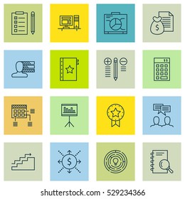 Set Of 16 Project Management Icons. Can Be Used For Web, Mobile, UI And Infographic Design. Includes Elements Such As Money, Board, Presentation And More.