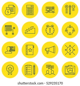 Set Of 16 Project Management Icons. Can Be Used For Web, Mobile, UI And Infographic Design. Includes Elements Such As Board, Collaboration, Personal Skills And More.