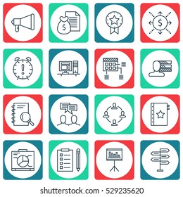 Set Of 16 Project Management Icons. Can Be Used For Web, Mobile, UI And Infographic Design. Includes Elements Such As Announcement, Discussion, Money And More.