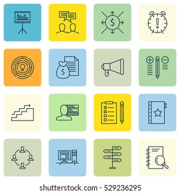 Set Of 16 Project Management Icons. Can Be Used For Web, Mobile, UI And Infographic Design. Includes Elements Such As Collaboration, Personal Skills, Analysis And More.