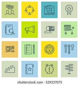 Set Of 16 Project Management Icons. Can Be Used For Web, Mobile, UI And Infographic Design. Includes Elements Such As Board, Analysis, Opportunity And More.