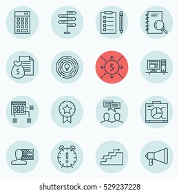 Set Of 16 Project Management Icons. Can Be Used For Web, Mobile, UI And Infographic Design. Includes Elements Such As Announcement, Computer, Opportunity And More.