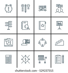 Set Of 16 Project Management Icons. Can Be Used For Web, Mobile, UI And Infographic Design. Includes Elements Such As Personal Skills, Opportunity, Discussion And More.
