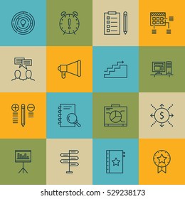 Set Of 16 Project Management Icons. Can Be Used For Web, Mobile, UI And Infographic Design. Includes Elements Such As Present Badge, Announcement, Presentation And More.