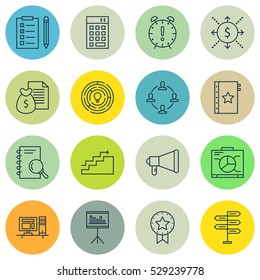 Set Of 16 Project Management Icons. Can Be Used For Web, Mobile, UI And Infographic Design. Includes Elements Such As Computer, Investment, Analysis And More.