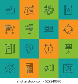 Set Of 16 Project Management Icons. Can Be Used For Web, Mobile, UI And Infographic Design. Includes Elements Such As Computer, Announcement, Time Management And More.