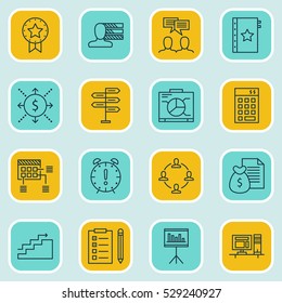 Set Of 16 Project Management Icons. Can Be Used For Web, Mobile, UI And Infographic Design. Includes Elements Such As Board, Report, Opportunity And More.
