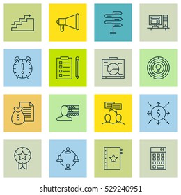 Set Of 16 Project Management Icons. Can Be Used For Web, Mobile, UI And Infographic Design. Includes Elements Such As Time Management, Personal Skills, Opportunity And More.
