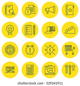 Set Of 16 Project Management Icons. Can Be Used For Web, Mobile, UI And Infographic Design. Includes Elements Such As Present Badge, Time Management, Analysis And More.