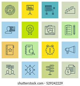 Set Of 16 Project Management Icons. Can Be Used For Web, Mobile, UI And Infographic Design. Includes Elements Such As Analysis, Money, Warranty And More.
