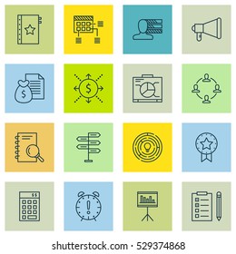 Set Of 16 Project Management Icons. Can Be Used For Web, Mobile, UI And Infographic Design. Includes Elements Such As Personal Skills, Innovation, Warranty And More.