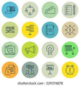 Set Of 16 Project Management Icons. Can Be Used For Web, Mobile, UI And Infographic Design. Includes Elements Such As Personal Skills, Reminder, Board And More.