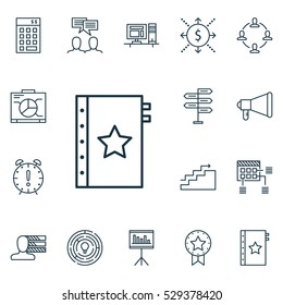 Set Of 16 Project Management Icons. Can Be Used For Web, Mobile, UI And Infographic Design. Includes Elements Such As Presentation, Present Badge, Board And More.