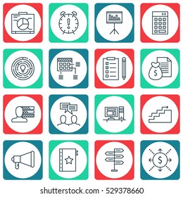 Set Of 16 Project Management Icons. Can Be Used For Web, Mobile, UI And Infographic Design. Includes Elements Such As Reminder, Opportunity, Innovation And More.