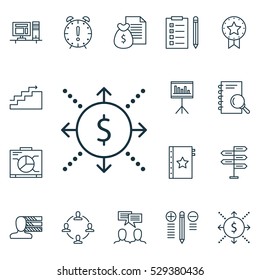 Set Of 16 Project Management Icons. Can Be Used For Web, Mobile, UI And Infographic Design. Includes Elements Such As Opportunity, Reminder, Present Badge And More.