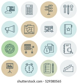Set Of 16 Project Management Icons. Can Be Used For Web, Mobile, UI And Infographic Design. Includes Elements Such As Reminder, Investment, Growth And More.