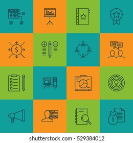Set Of 16 Project Management Icons. Can Be Used For Web, Mobile, UI And Infographic Design. Includes Elements Such As Money, Discussion, Presentation And More.