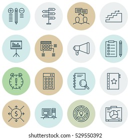 Set Of 16 Project Management Icons. Can Be Used For Web, Mobile, UI And Infographic Design. Includes Elements Such As Opportunity, Time Management, Reminder And More.