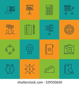 Set Of 16 Project Management Icons. Can Be Used For Web, Mobile, UI And Infographic Design. Includes Elements Such As Personal Skills, Reminder, Presentation And More.