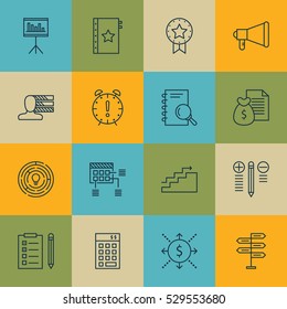 Set Of 16 Project Management Icons. Can Be Used For Web, Mobile, UI And Infographic Design. Includes Elements Such As Analysis, Present Badge, Growth And More.