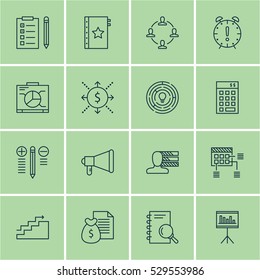 Set Of 16 Project Management Icons. Can Be Used For Web, Mobile, UI And Infographic Design. Includes Elements Such As Personal Skills, Board, Schedule And More.