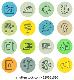 Set Of 16 Project Management Icons. Can Be Used For Web, Mobile, UI And Infographic Design. Includes Elements Such As Computer, Report, Schedule And More.