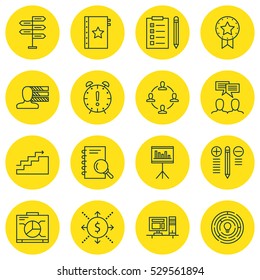 Set Of 16 Project Management Icons. Can Be Used For Web, Mobile, UI And Infographic Design. Includes Elements Such As Warranty, Decision Making, Reminder And More.
