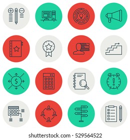 Set Of 16 Project Management Icons. Can Be Used For Web, Mobile, UI And Infographic Design. Includes Elements Such As Growth, Opportunity, Present Badge And More.